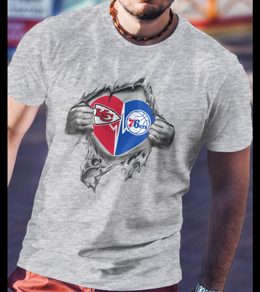 Chiefs Philadelphia 76ers Heart Torn Design Featuring Nfl And Nba Logos T-Shirt
