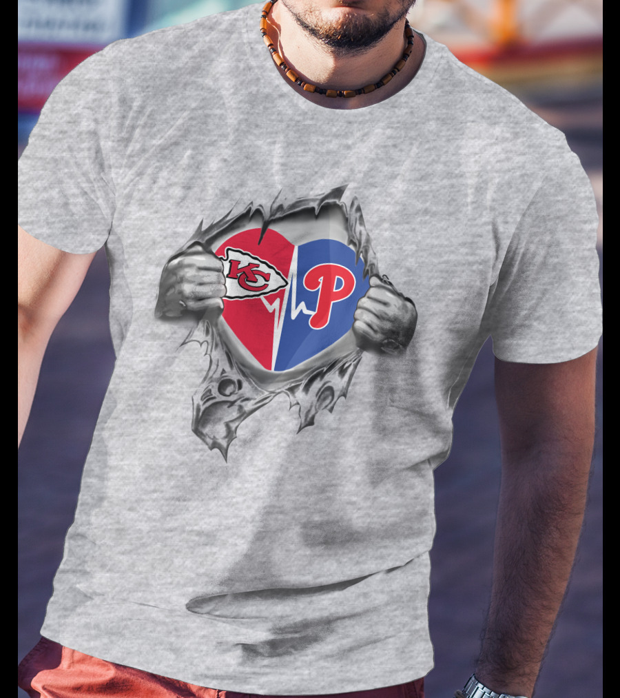 Chiefs And Philadelphia Phillies Heartbeat Logo Fusion T-Shirt