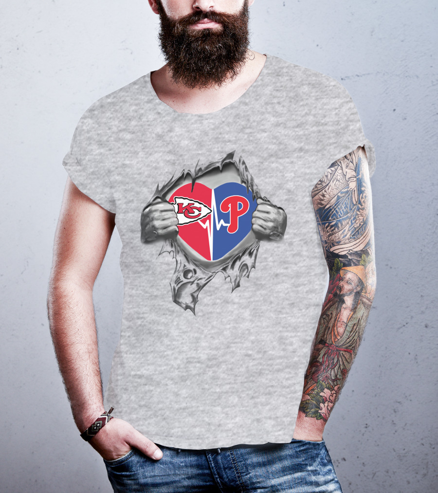 Chiefs And Philadelphia Phillies Heartbeat Logo Fusion T-Shirt