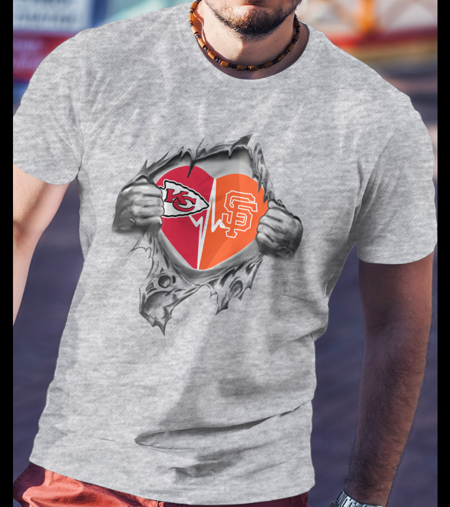 Chiefs San Francisco Giants Heart With Logos Chiefs Arrowhead Sf Monogram T-Shirt