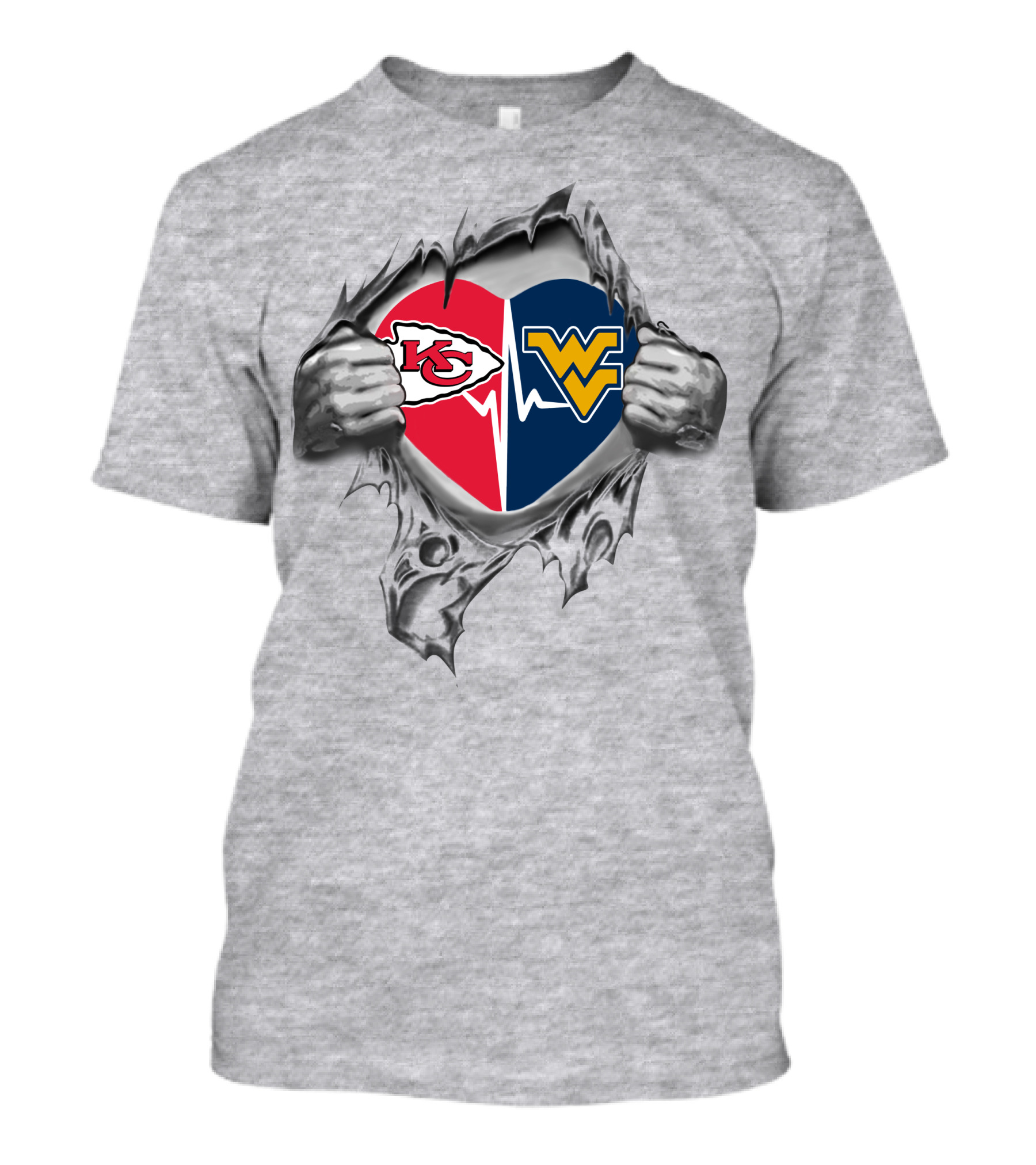 Chiefs West Virginia Mountaineers Heart Design With Split Logos T-Shirt