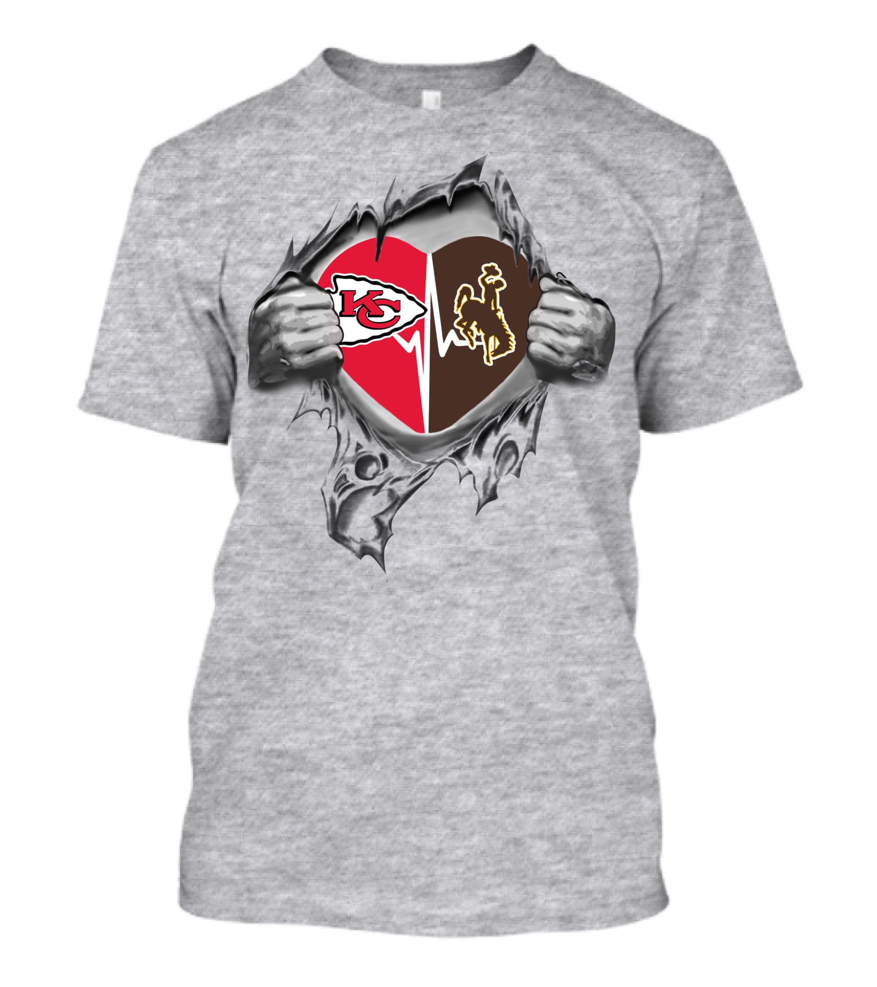 Chiefs Wyoming Cowboys Heart With Torn Rip And Team Logos T-Shirt
