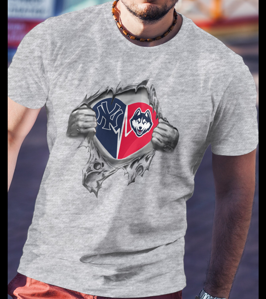 Yankees Uconn Heart Design Featuring Iconic Logos T-Shirt