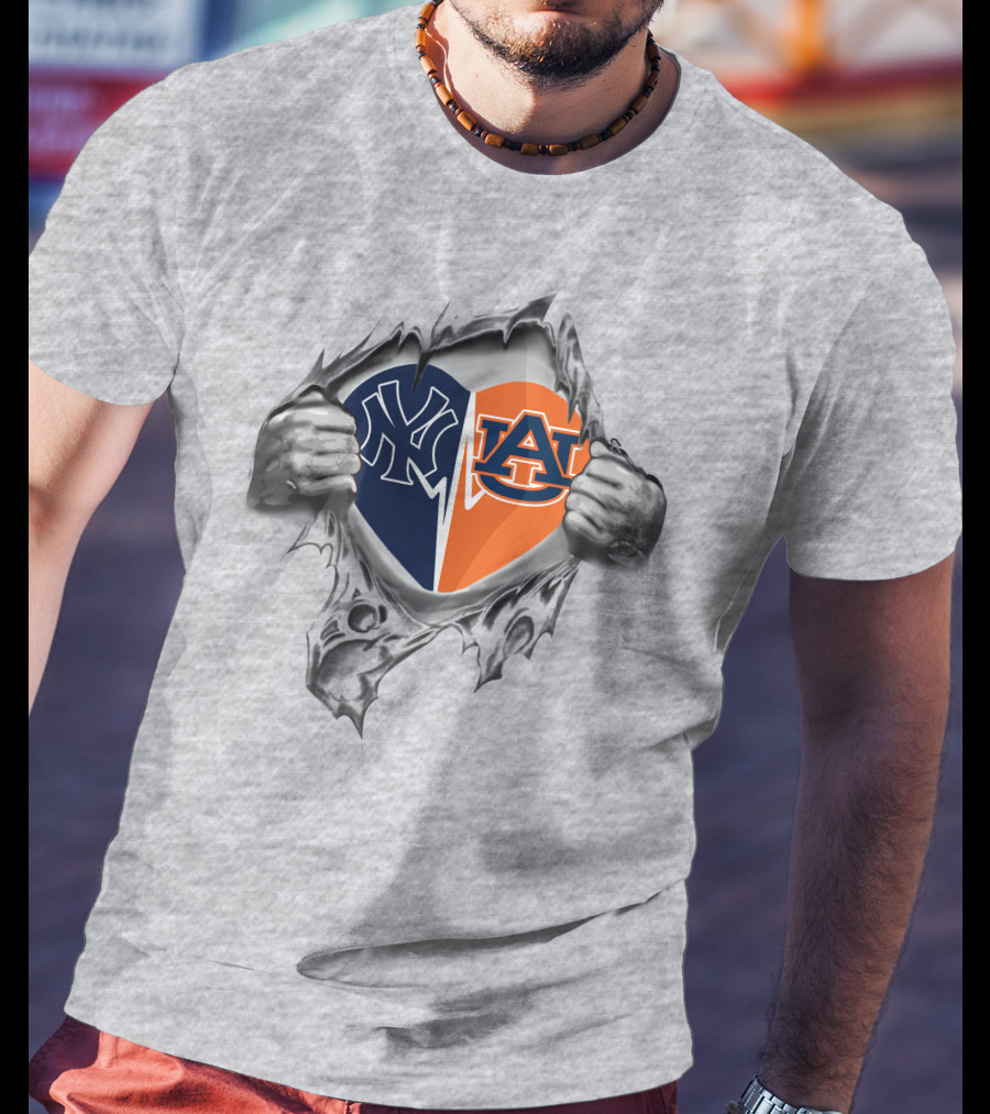 Yankees Auburn Heart Divided With Logos And Hands T-Shirt