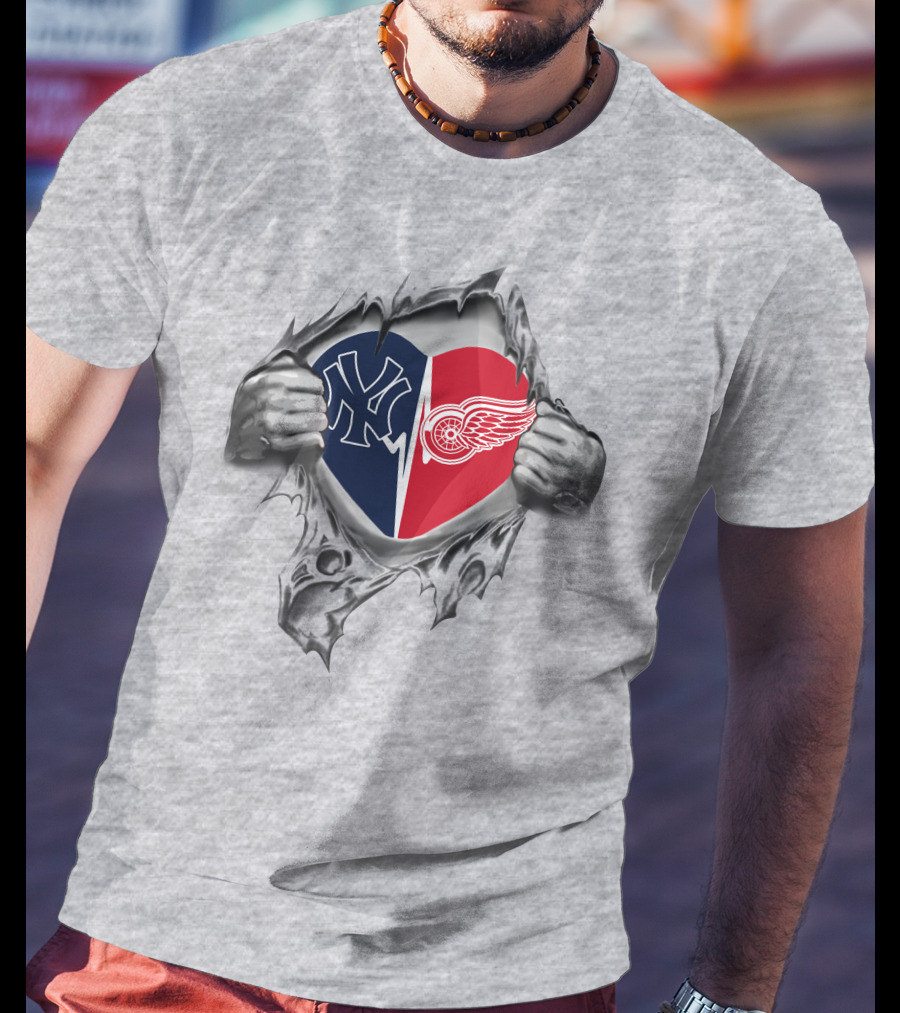 Yankees Detroit Red Wings Heart Torn Open T-Shirt