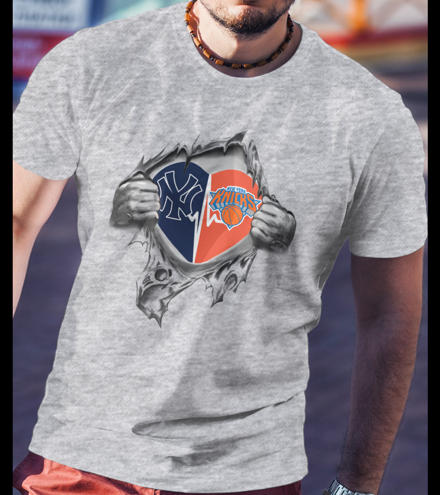 Yankees New York Knicks Heart Icon With Torn T-Shirt