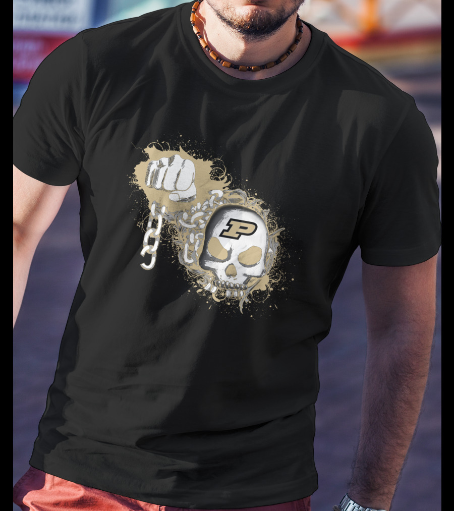 Purdue Boilermakers Skull And Fist With Chains Iconic P T-Shirt