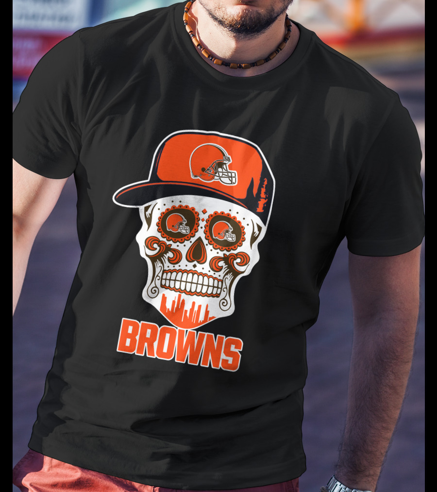 Cleveland Browns Skull With Helmet And City Skyline T-Shirt