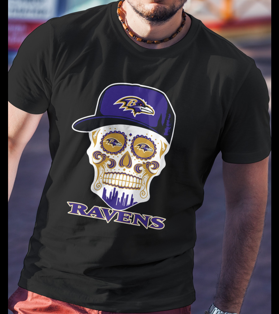 Baltimore Ravens Skull With Cap And Logo Elements T-Shirt