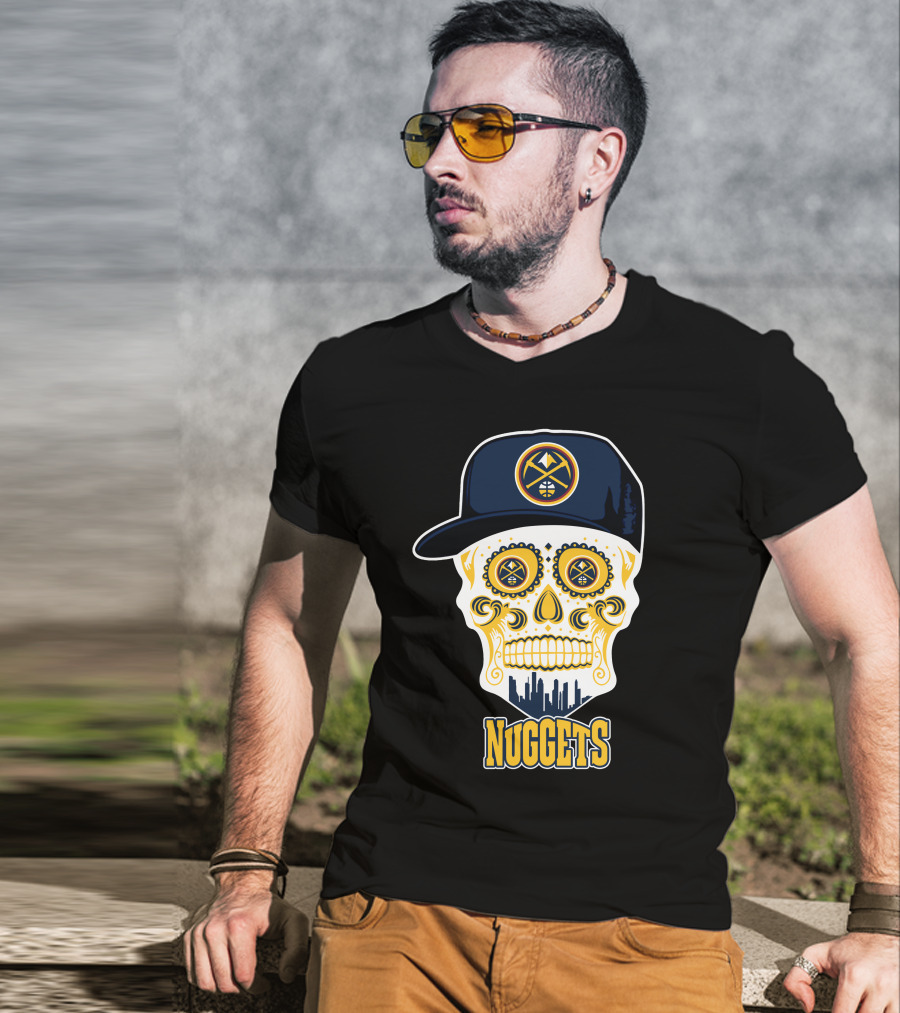 Denver Nuggets Skull Design With Cap And City Silhouette T-Shirt