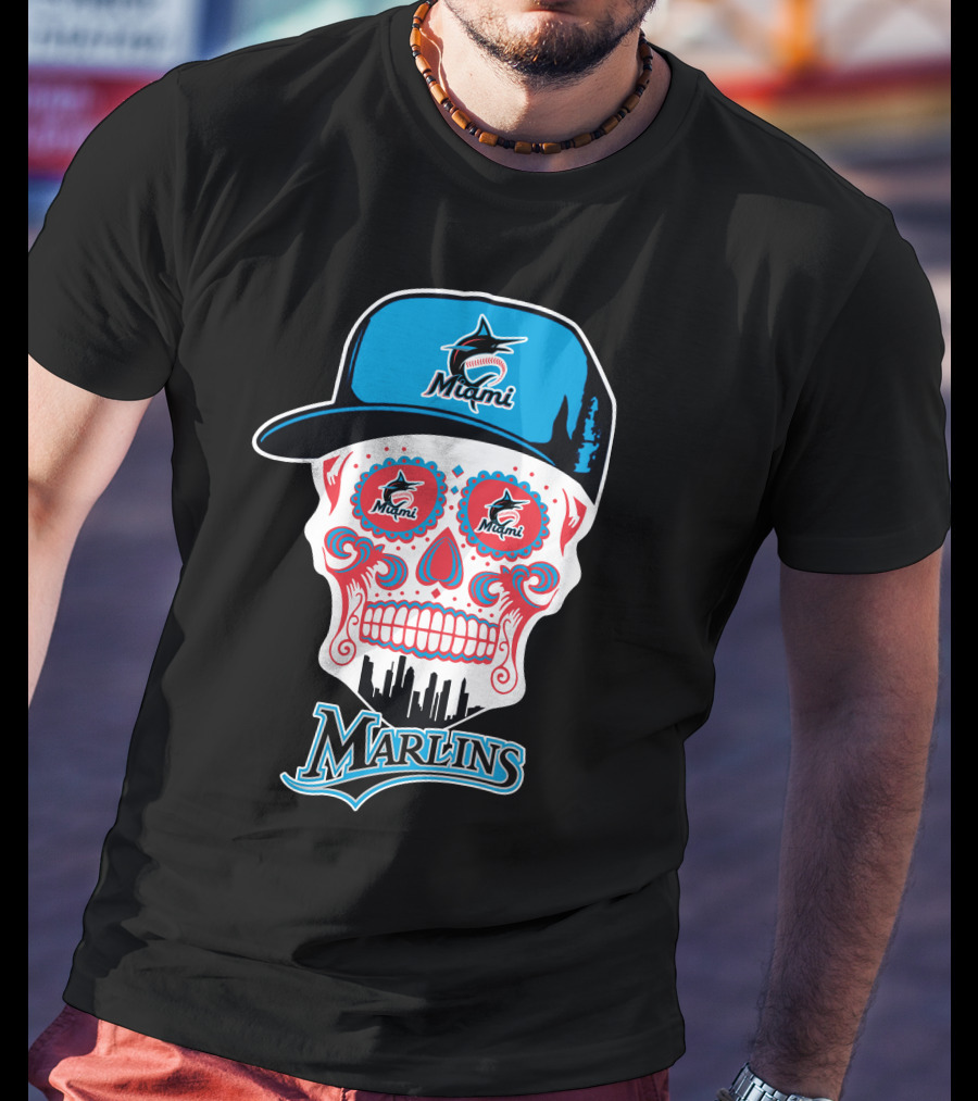 Miami Marlins Skull With Cap And Cityscape Motif T-Shirt