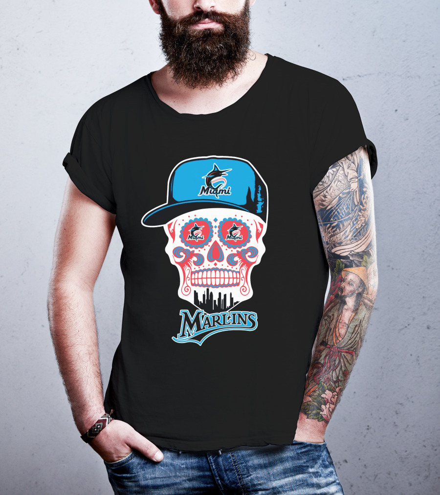 Miami Marlins Skull With Cap And Cityscape Motif T-Shirt