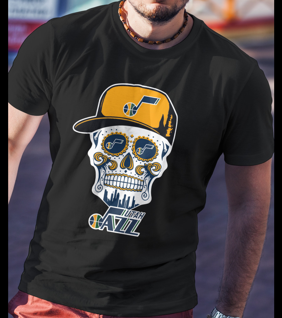 Utah Jazz Skull With City Skyline And Jazz Logo Cap T-Shirt