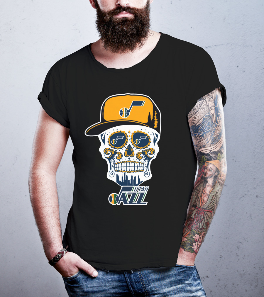 Utah Jazz Skull With City Skyline And Jazz Logo Cap T-Shirt