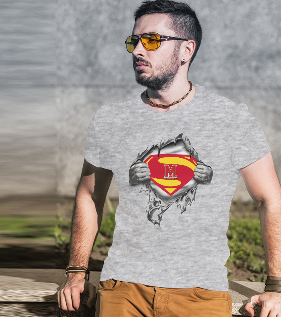 Maryland Terrapins Superman Logo 258 Graphic With Torn Chest T-Shirt