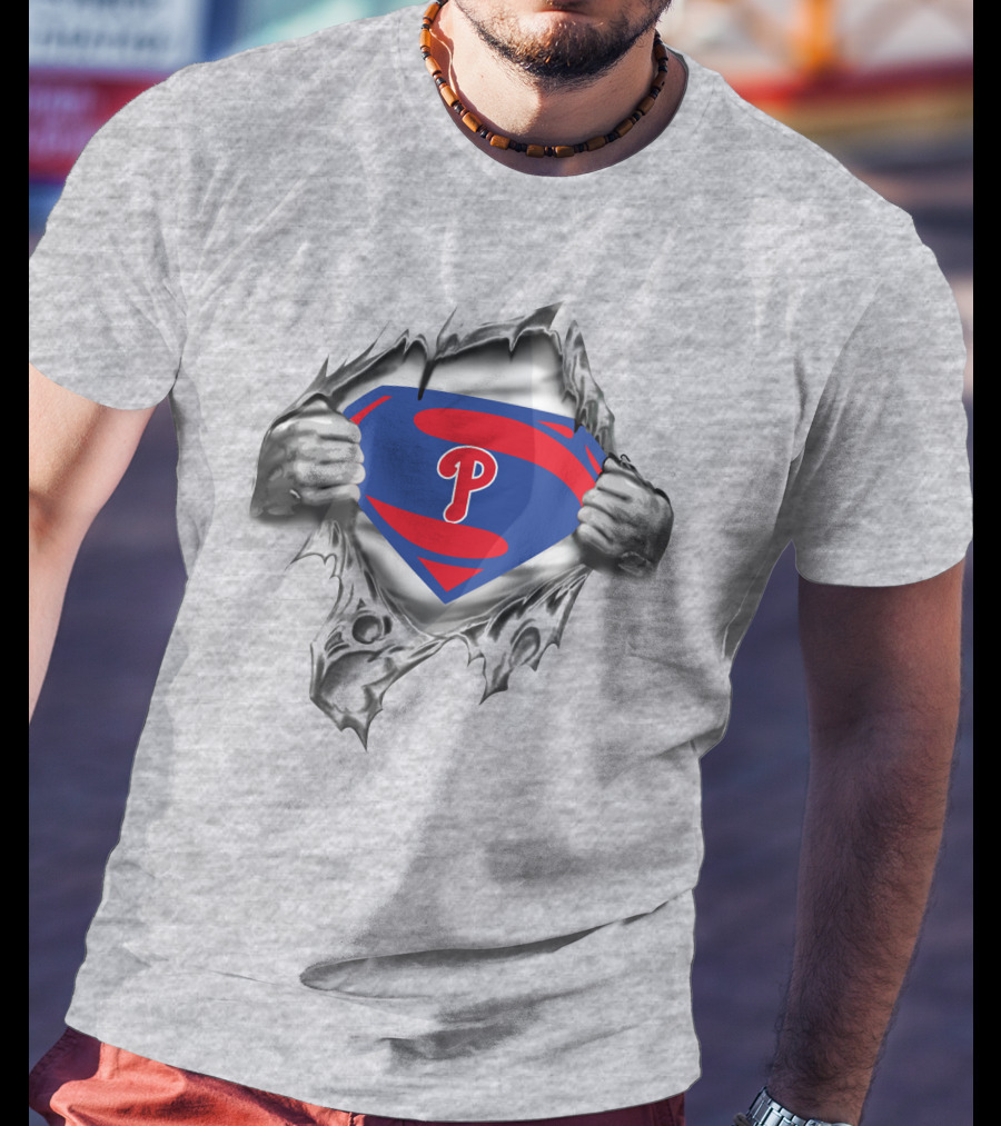 Phillies Superman Logo Tear Gray T-Shirt