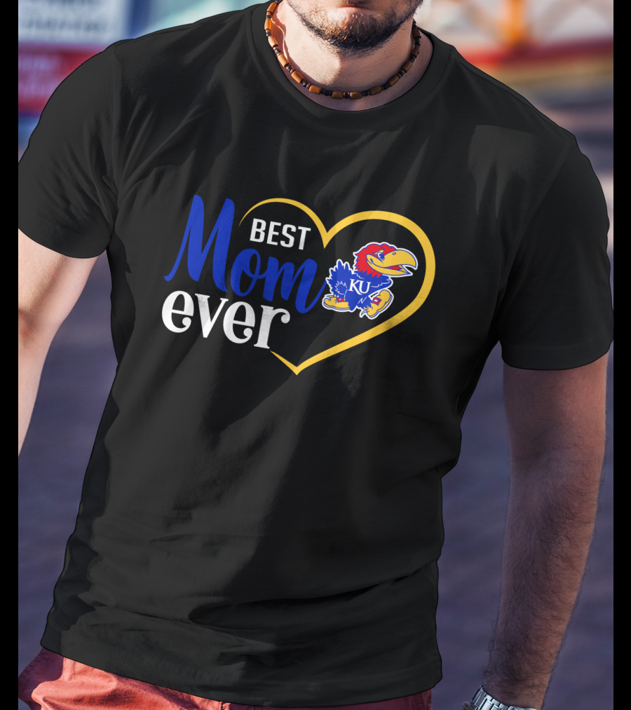 Kansas Jayhawks Best Mom Ever Heart Emblem Ku T-Shirt
