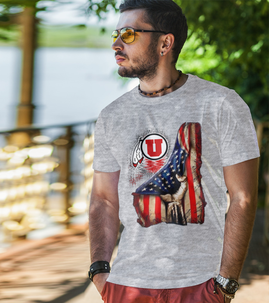 Utah Utes American Flag Background And Hand T-Shirt