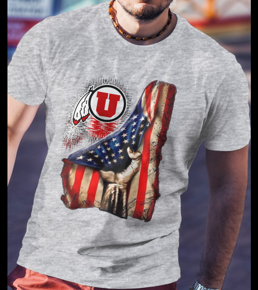 Utah Utes American Flag Background And Hand T-Shirt