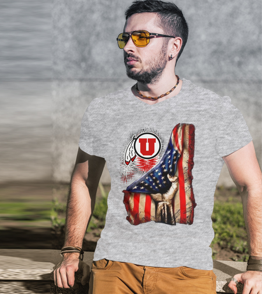 Utah Utes American Flag Background And Hand T-Shirt