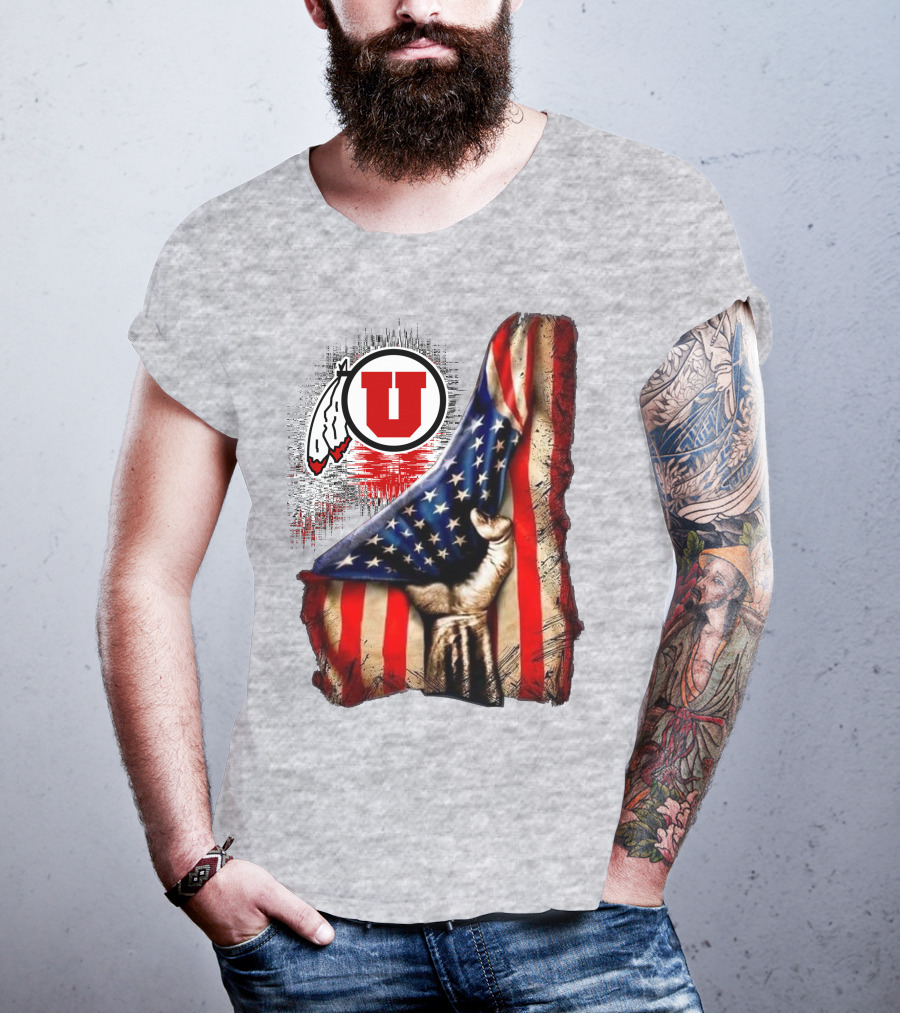 Utah Utes American Flag Background And Hand T-Shirt