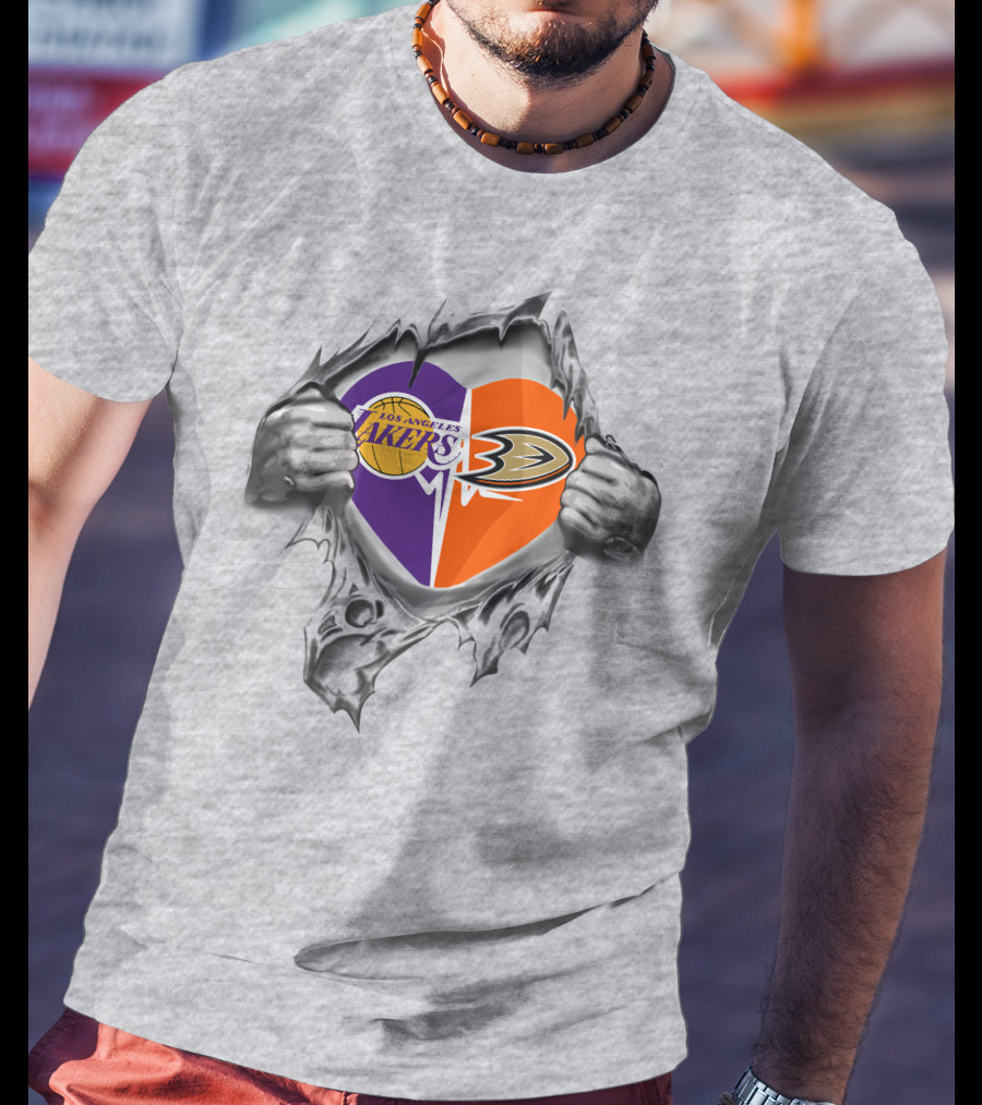 Los Angeles Lakers Anaheim Ducks Heart Torn Metal T-Shirt