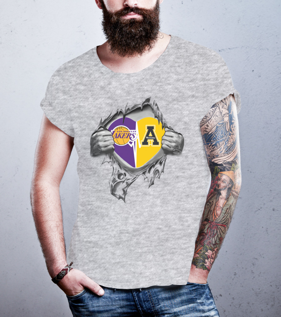 Los Angeles Lakers Appalachian State Mountaineers Heart Logo Tribute T-Shirt