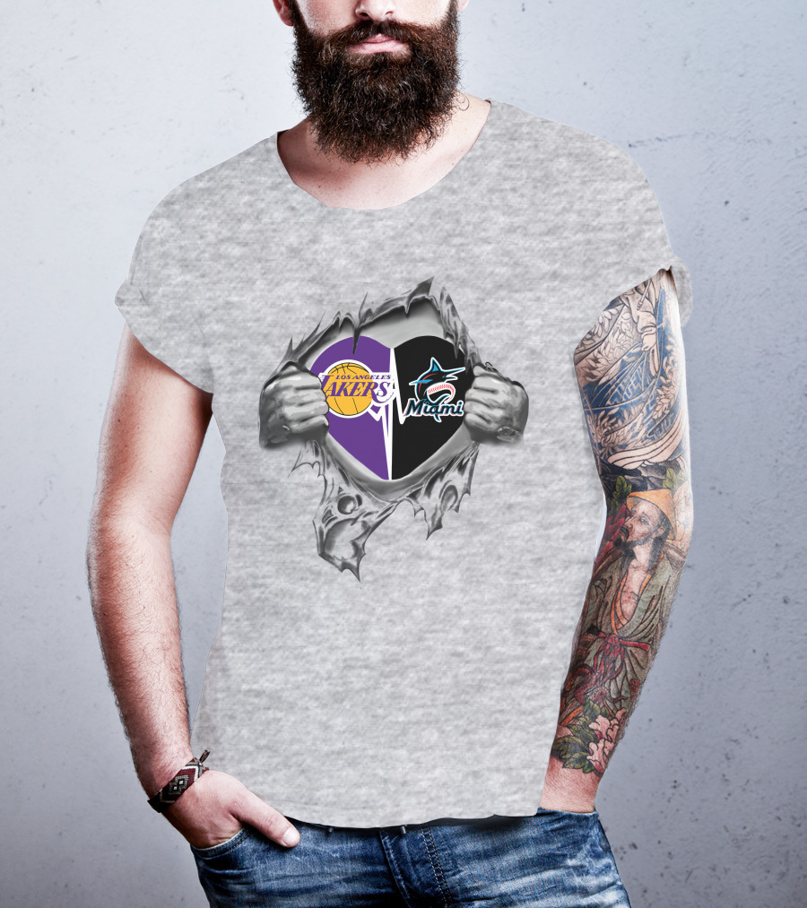Los Angeles Lakers Miami Marlins Heart T-Shirt