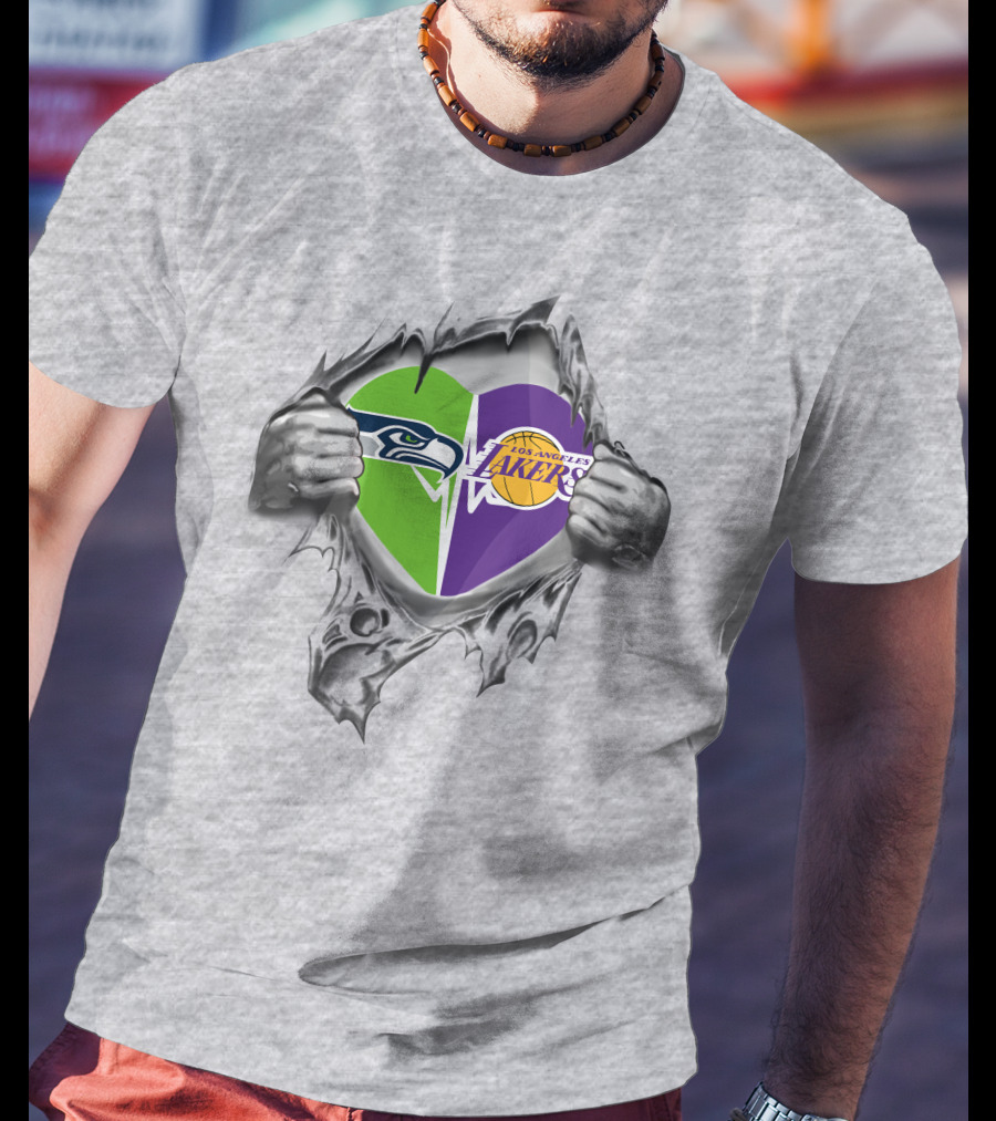 Lakers Seattle Seahawks Heart Design With Logos T-Shirt