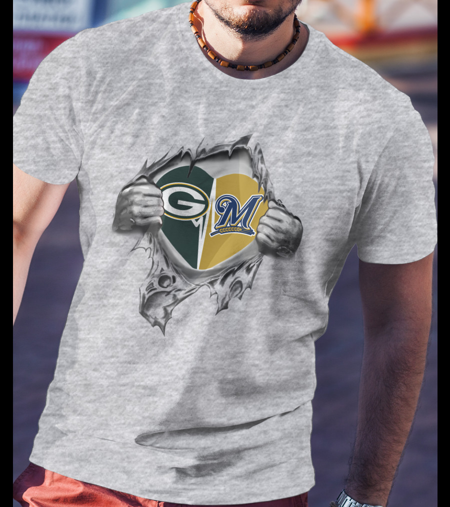 Green Bay Packers Milwaukee Brewers Heart Loyalty Burst T-Shirt