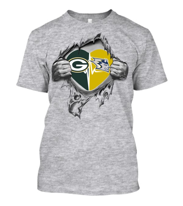 Packers Stout Blue Devils Heart With Green Bay And Duke Logos T-Shirt