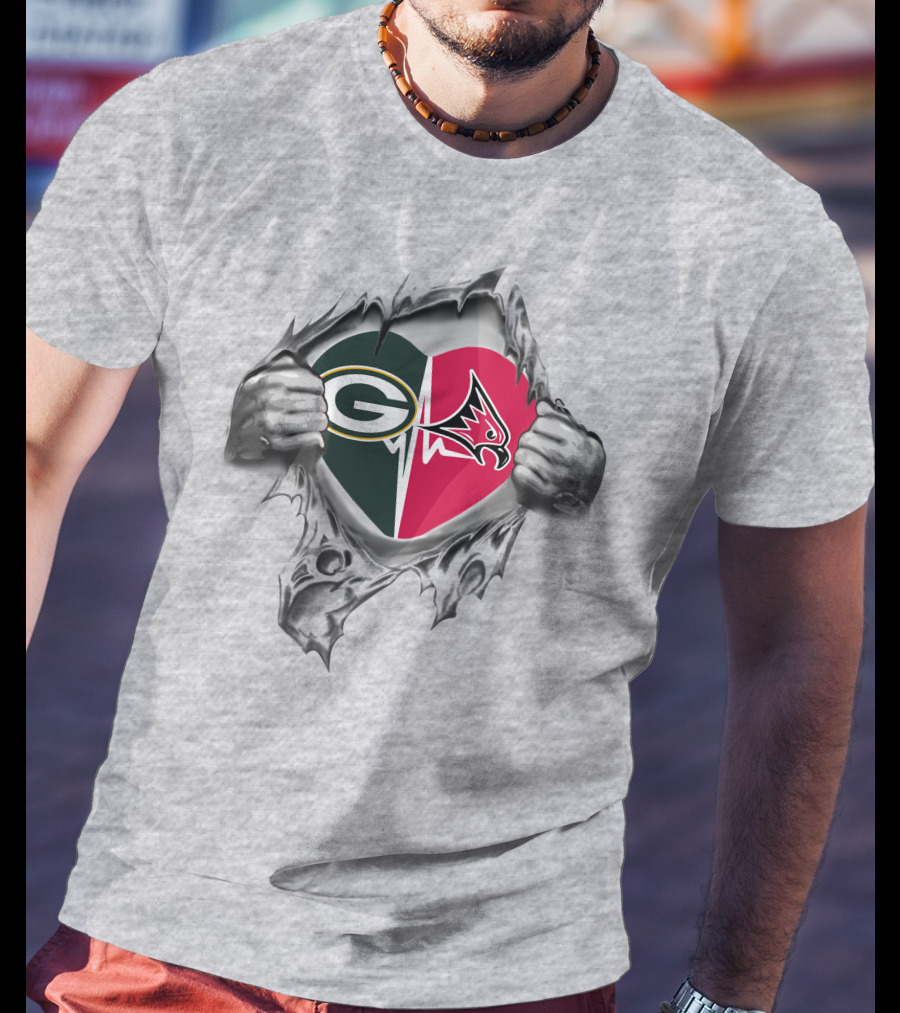 Green Bay Packers River Falls Falcons Heart Inside Torn Chest T-Shirt