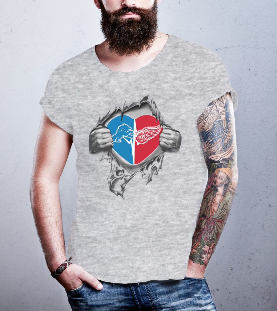 Detroit Lions Red Wings Heart Logo Ripped T-Shirt
