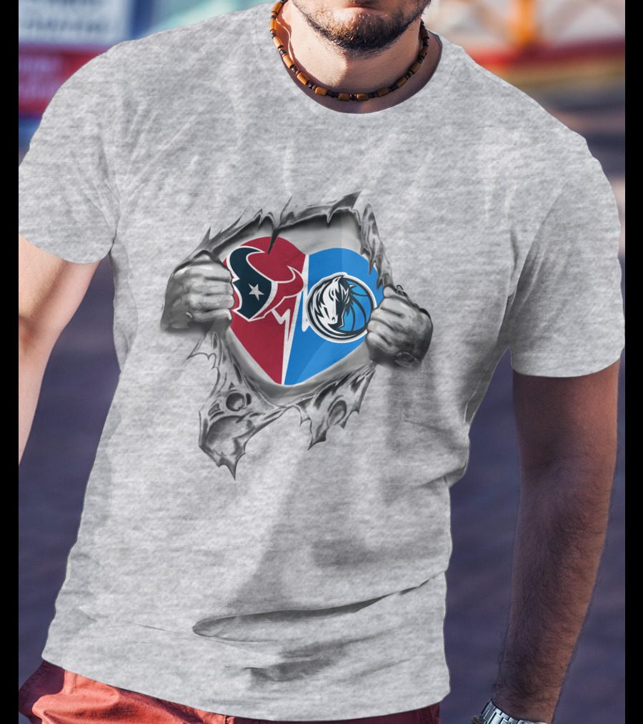 Texans Dallas Mavericks Heart Symbol Inside Torn Silver Hands T-Shirt