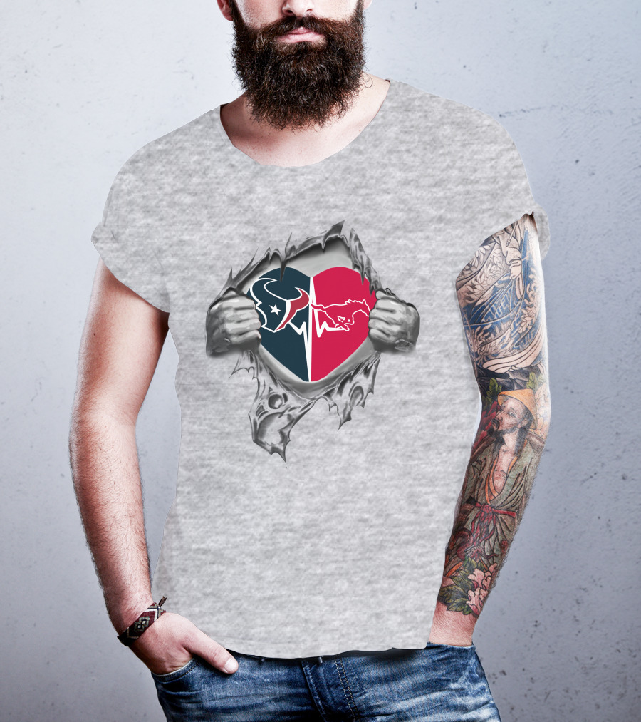 Texans Smu Mustangs Heart Design 219 Front Texans Smu Mustangs It's In My Heart T-Shirt