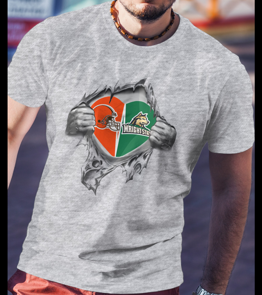 Browns Helmet And Wright State Raiders Heart T-Shirt