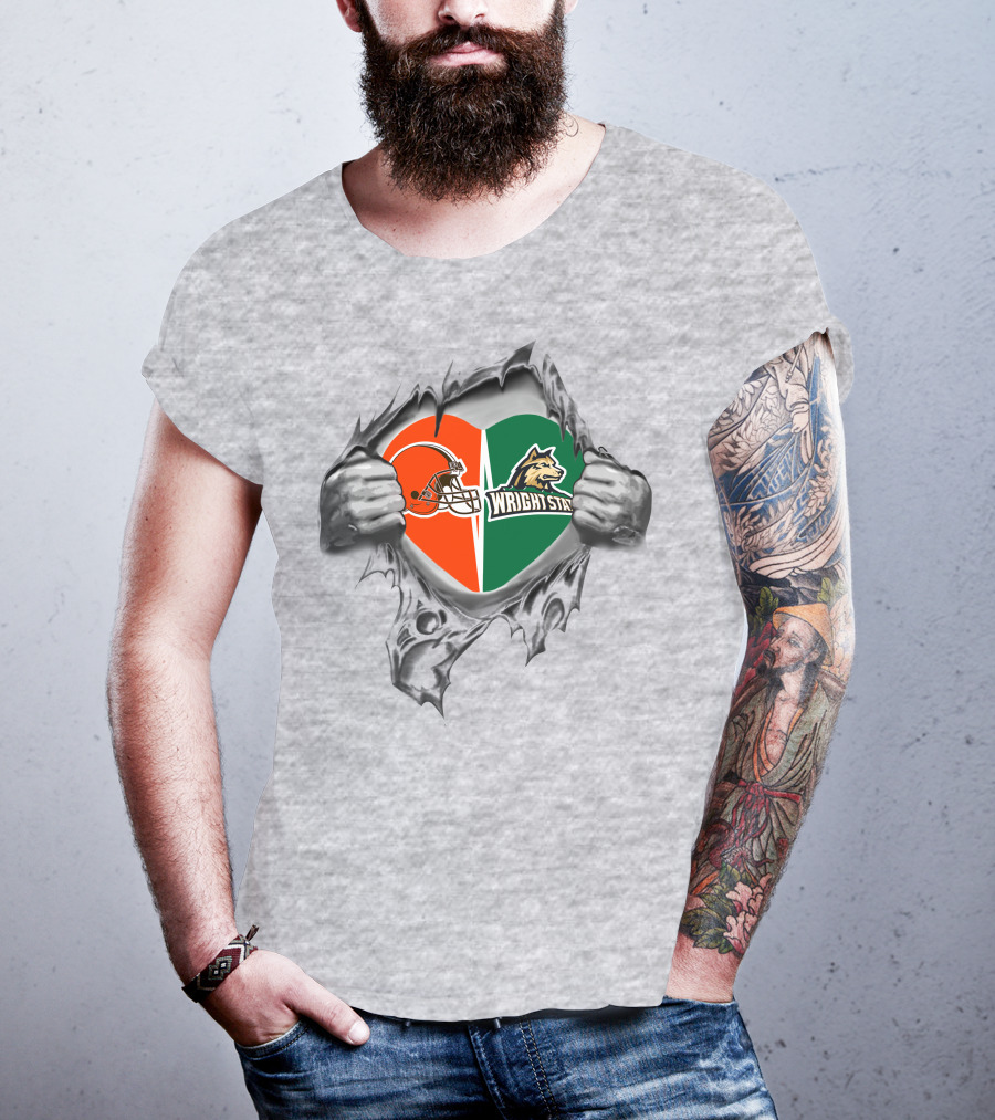 Browns Helmet And Wright State Raiders Heart T-Shirt
