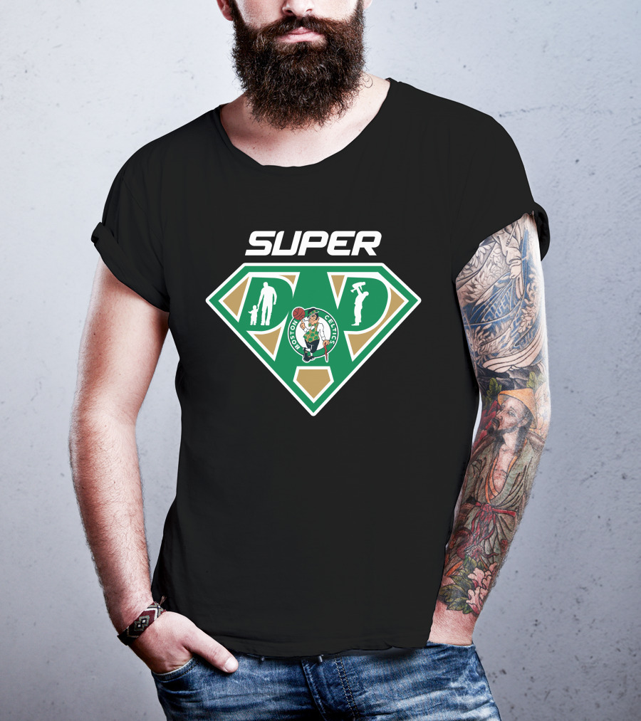 Boston Celtics Super Dad Emblem With Father Figures And Team T-Shirt