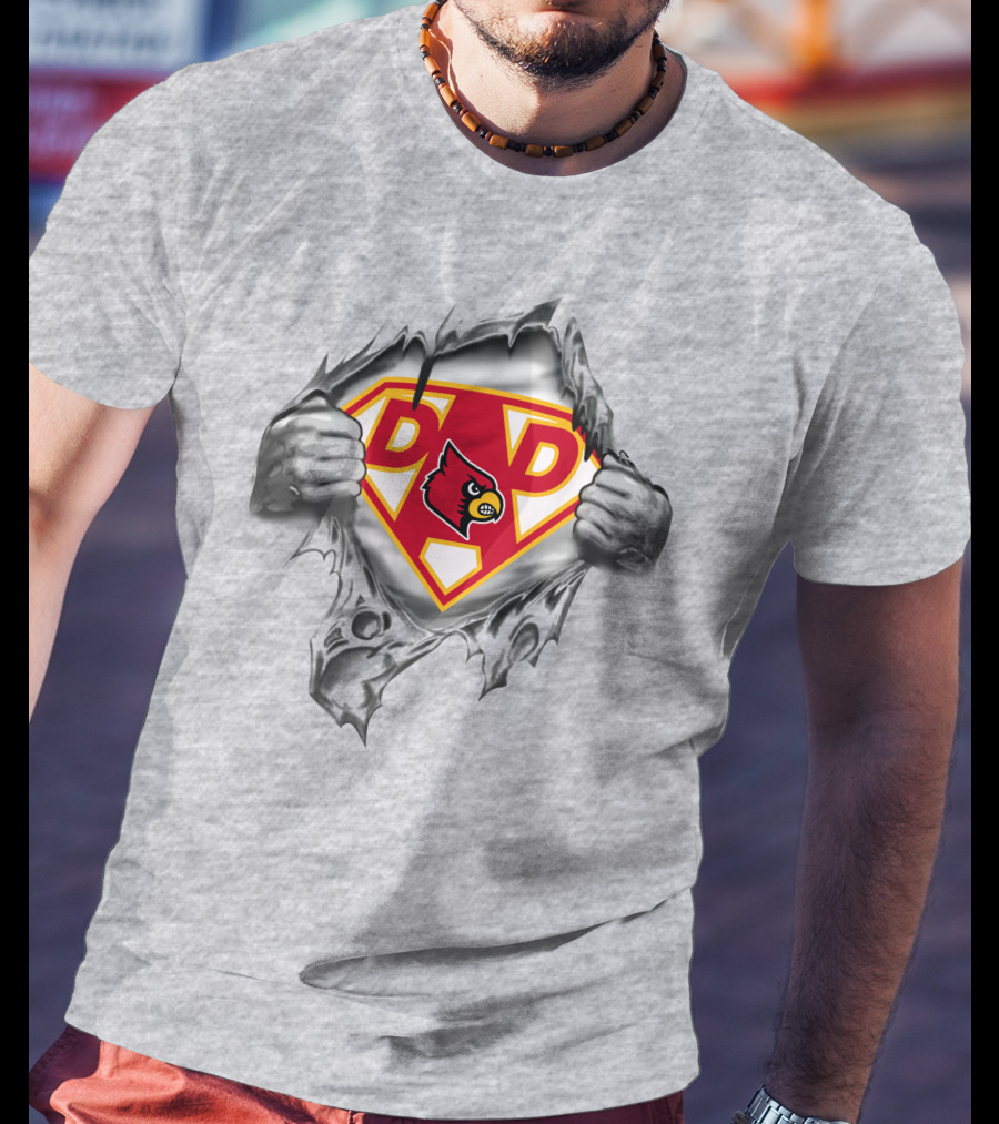 Louisville Cardinals Super Dad Logo With Cardinal Head Symbol And Ripped T-Shirt