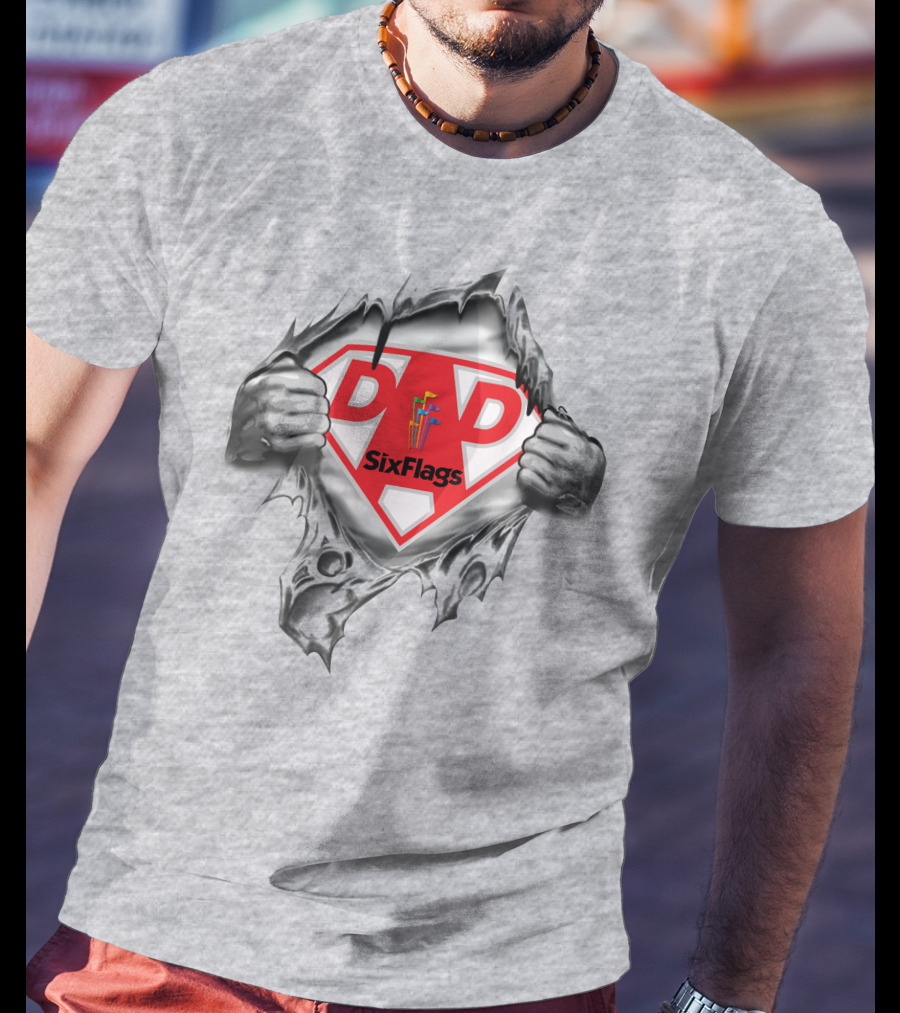 Six Flags Super Dad Emblem With Hands Peeling Away Grey Covering T-Shirt