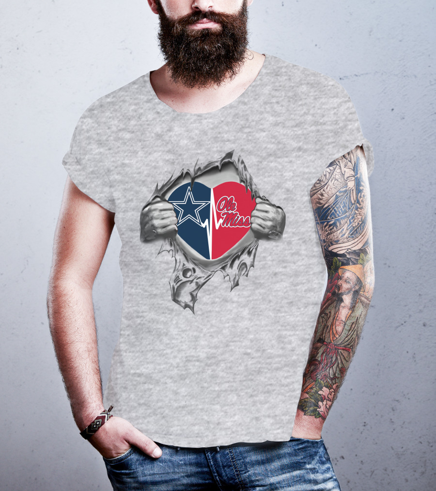 Cowboys And Ole Miss Rebels Heart Logo Tear T-Shirt