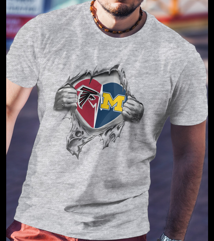 Falcons And Michigan Wolverines Heart Design With Ripped Effect T-Shirt
