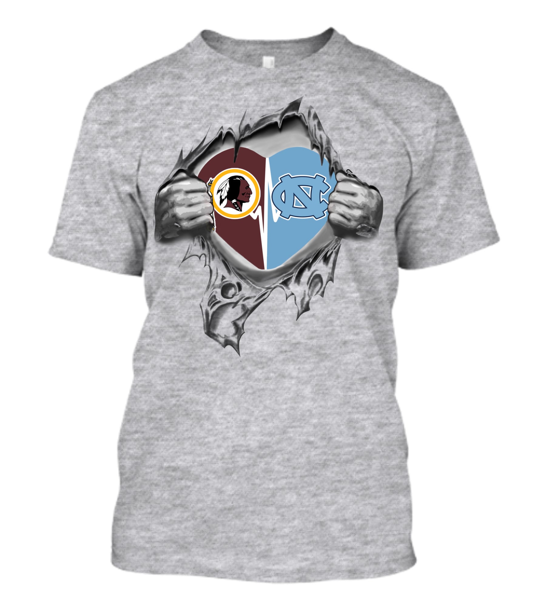 Redskins North Carolina Tar Heels Heart Split شعارين فريقين رعشتين Pltster معينة T-Shirt