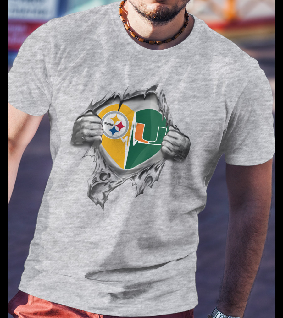 Steelers Miami Hurricanes Heart Symbol With Logos T-Shirt
