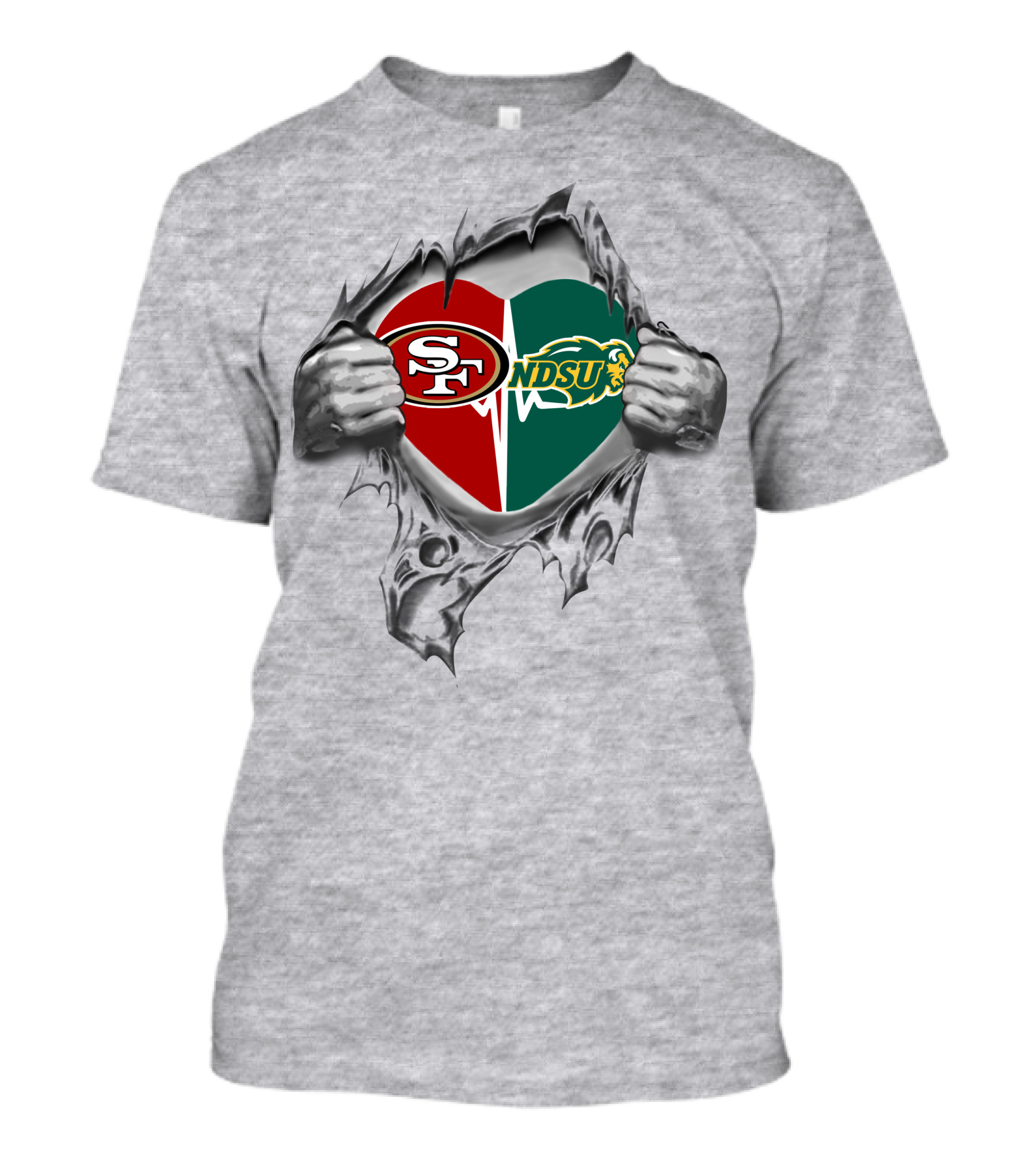 49ers North Dakota State Bison Heart Logo Tear T-Shirt