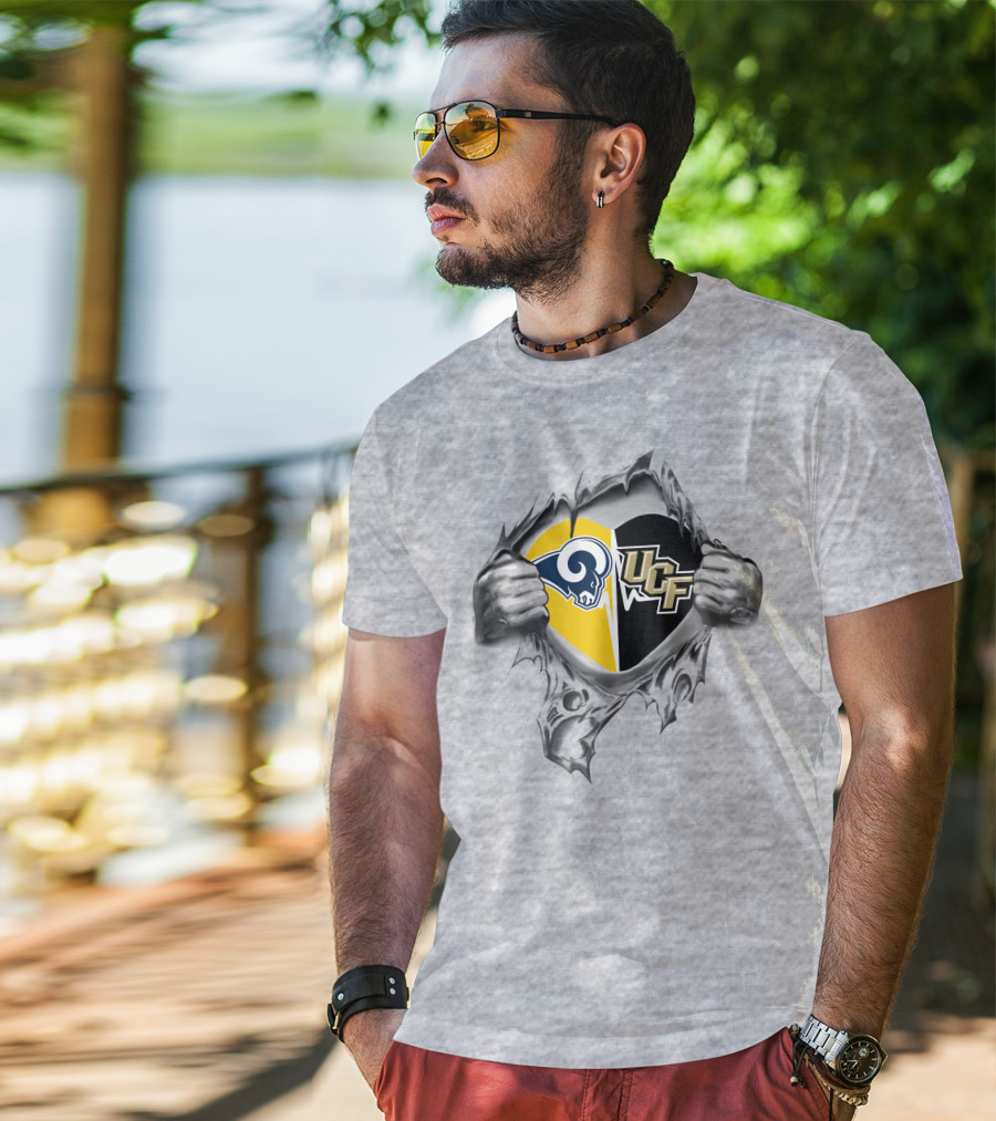 Rams Ucf Knights Heart Design With Mascots In Gray T-Shirt