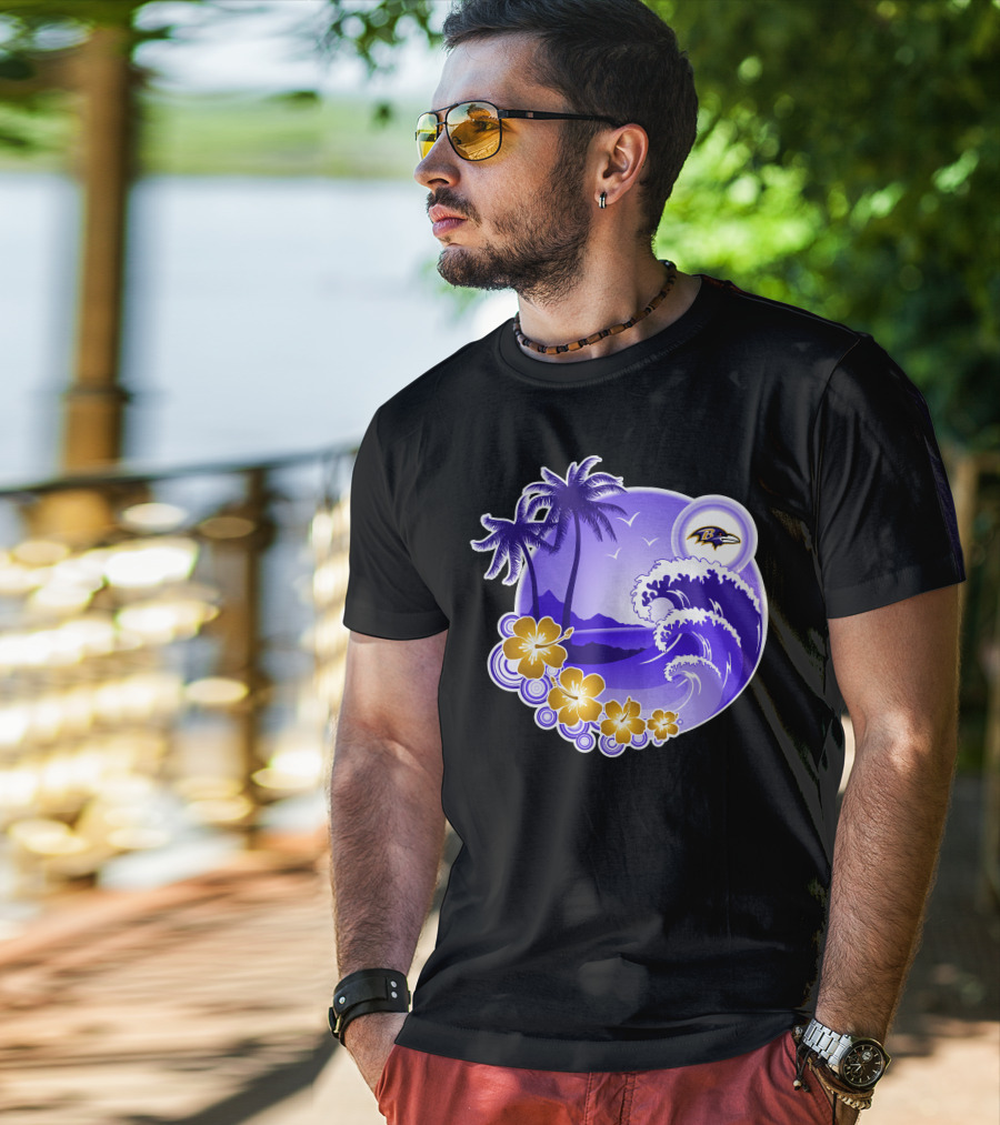 Baltimore Ravens Happy Holidays Tropical Paradise With Wave And Flowers T-Shirt