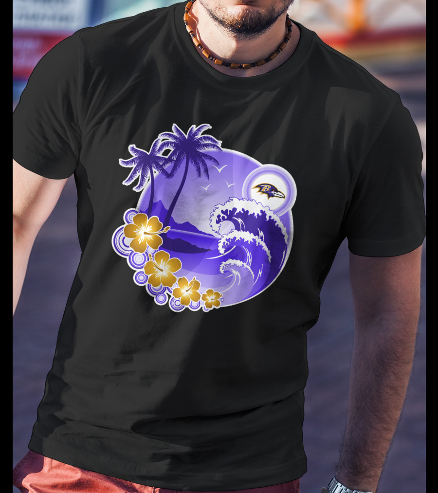 Baltimore Ravens Happy Holidays Tropical Paradise With Wave And Flowers T-Shirt