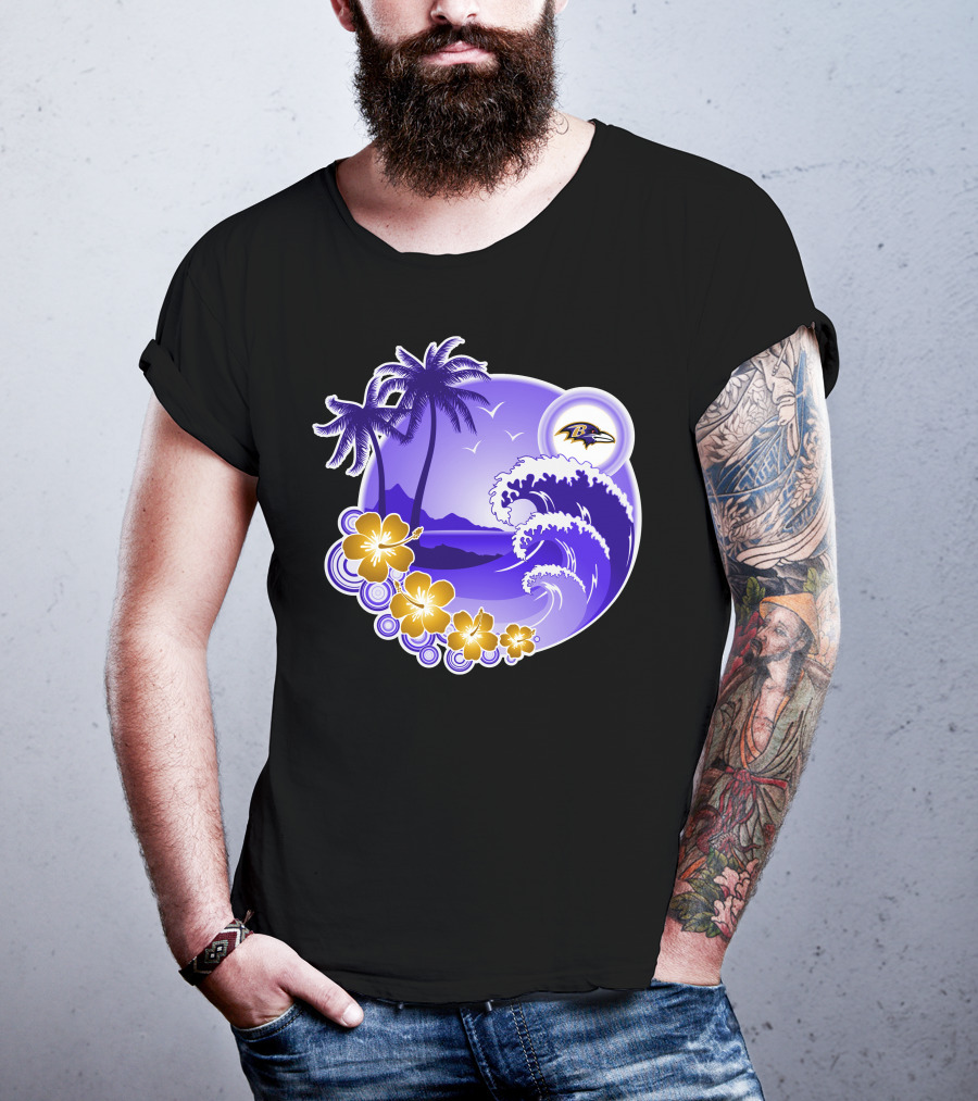 Baltimore Ravens Happy Holidays Tropical Paradise With Wave And Flowers T-Shirt