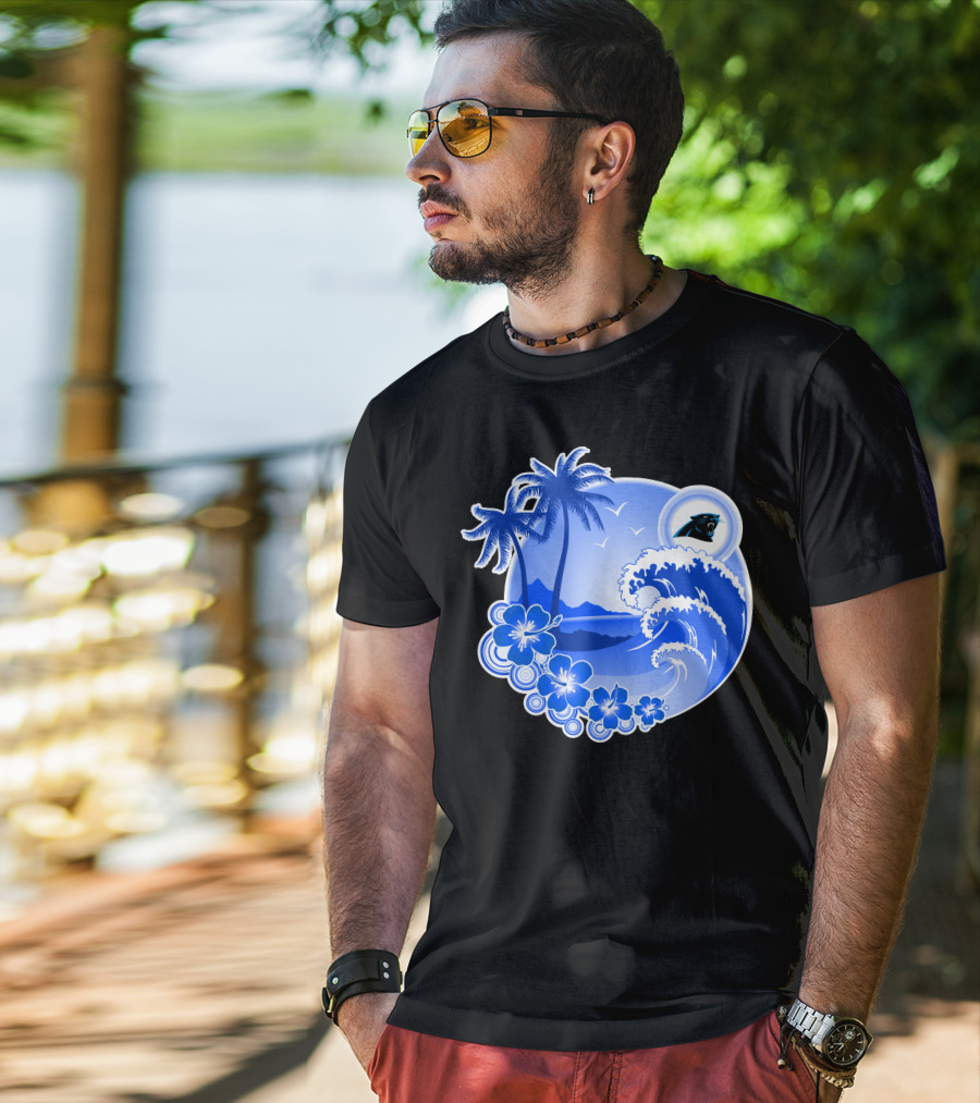 Carolina Panthers Happy Holidays Tropical Wave And Palm Trees T-Shirt